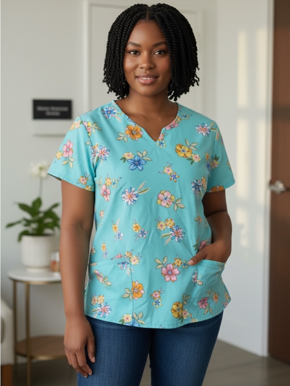 CHEROKEE STUDIO Scrub  2XL Floral Split-Neck Women's Top in Turquoise